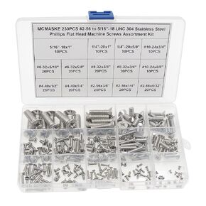 #2-56#4-40#6-32#8-32#10-24 1/4"-20 5/16"-18 UNC 304 Stainless Steel Phillips Flat Head Machine Screws Assortment Kit