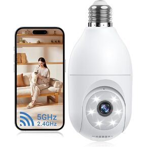 Light Bulb Security Camera Wireless Outdoor Indoor, 5G&2.4G WiFi Security Cameras with Patrol Function, AI Human Detection, Motion Tracking, Two-Way Talk, Color Night Vision, Alarm, 24/7 Recording