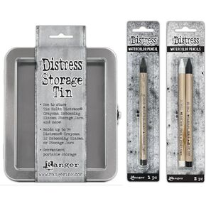 Ranger Ink BUNDLE - Tim Holtz Watercolor Pencils - Black Soot, Picket Fence and Scorched Timber and storage Tin