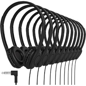 Maeline Bulk Classroom Student Headphones On Ear Stereo Headphones Adjustable Band & Faux Leather Cushions for Kids Online Learning, Library, School, Travel - 3.5mm Plug - 10 Pack - Black