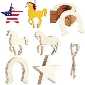 36 Pieces Unfinished Wooden Horse Cutouts Wood Discs Slices Horse Horseshoes Star Animal Shaped with Rope for Home DIY Handicraft Birthday Party