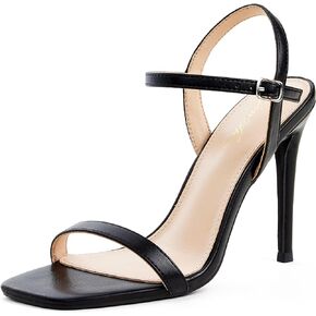 GENSHUO Women's Square Toe Strappy Stiletto Heels,4 Inch Open Toe Heel Sandals Ankle Strap Buckle Sexy High Heeled Prom Party Wedding Daily Wear Dress Shoes