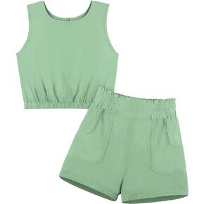 ملابس بناتي، ملابس صيفية للبنات، بلوزة وسروال قصير بدون أكمام، مجموعة ملابس مكونة من قطعتين in Kuwait