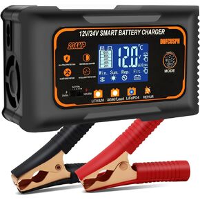 20 Amp Smart Battery Charger, Lifepo4 Lithium AGM Gel Battery Charger, 12V/20A and 24V/10A Car Battery Charger, Trickle Charger, Battery Maintainer for Boat Motorcycle Lawn Mower Golf cart