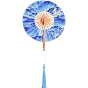 Chinese Japanese Round Folding Fan Handheld Vintage Bamboo Fabric Print Hand Fan for Women Decoration Party Gift