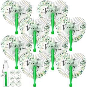 24 Sets Greenery Heart Shaped Accordion Fans Thank You Fans with Card Jute Rope Mesh Bag Foldable Wedding Handheld Paper Fans or Birthday Party Favors Bridal Shower Favors Wedding Parties