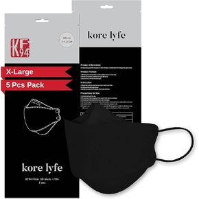 [50 PCS] 25% LARGER KF94 Face Mask - X-LARGE BLACK - [Made in Korea] - In 5 PCS Reclosable Package - Breathable Premium Quality - [Package in English]50