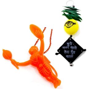Yogic Mantra Flying Hanging Hanuman Idol for Car + Nazar Battu Nimbu Mirchi (1 Each) Buri Nazar Door Wall Hanging Showpiece Evil Eye Protection Talisman Drishti Kavach for Home & Office