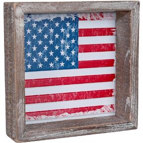4th of July Tiered Tray Decor, Wood Frame Embossed Metal USA Flag Block Sign, American Flag Table Decor for Fourth of July, Memorial Day, Patriotic Wood Decor for Shelves