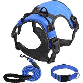 مجموعة سرج للكلاب، صدرية بدون سحب للكلاب ومقود وياقة بطول 5 أقدام للكلاب الصغيرة والمتوسطة الحجم والقطط الكبيرة، سترة للكلاب مبطنة بالنايلون الناعم قابلة للتعديل سترة بمشبك أمامي عاكس مع مقبض سهل - أزرق M in Kuwait