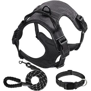 Dog Harness Set, No Pull Dog Vest Harness and 5ft Leash & Collar for Small Medium Sized Large Dog Cat,Adjustable Soft Nylon Padded Dog Vest Reflective Front Clip Vest with Easy Handle -Black S