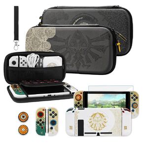 RHOTALL Portable Travel Carrying Case Accessories for Nintendo Switch with 10 Game Cards Slot, Hard Protective Cover, Screen Protector and 2 Thumb Caps - for Zelda Tears of the Kingdom Black