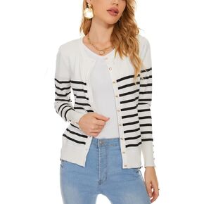 Spicy Sandia Women's Button Down Crew Neck Sweater Lightweight Knit Cardigan Striped with Ribbed Cuffs (S-XXL)