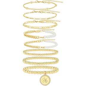 8PCS Initial Letter Gold Bead Bracelet for Women, Cuban Pearl Bracelet Stackable Stretch Bracelet for Women, 14K Gold Plated Bead Ball Bracelet Pack Thin Dainty Round Zircon Link Bracelets Sets for Women Girls