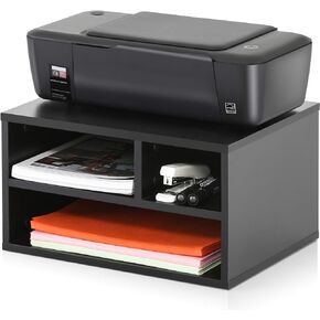 FITUEYES Printer Stands with Storage, Desktop Office Printer Riser Shelf with 3 compartments, 2-Tier Wood Paper Desk Organizers for Home Workspace, Black, DO304001WB