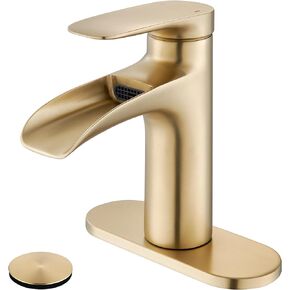Gold Bathroom Faucets, Single Hole Bathroom Faucets Brushed Gold, Waterfall Faucet for Bathroom Sink Brass Bathroom Faucet with Pop Up Drain RV Faucet YardMonet