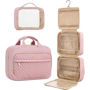 LOVEVOOK Travel Toiletry Bag for Women, Waterproof Hanging Makeup Bag with Jewelry Compartment, Come with TSA Approved Clear Cosmetic Bag for Trips Camping Bathroom(Black&White&Brown,12.5 Inch)