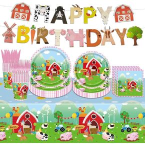 108PCS Farm Animal Birthday Party Supplies Barnyard Birthday Party Decoration for Boys Girls Barnyard Animal Tableware Set Paper Plates Napkin Balloon Tattoo Stickers Tablecloth Banner Serve 16