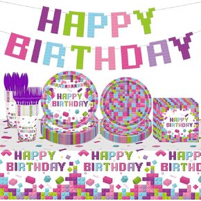 98PCS Building Blocks Birthday Party Supplies Building Blocks Party Decoration Boys Girls Colorful Building Blocks Theme Paper Plates and Napkins Tableware Set Tablecloth Banner Serve 16