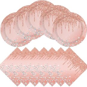 Pink Rose Gold Birthday Decorations Supplies, Pink Rose Gold Birthday Dessert Plates Napkins for Girls Women Birthday Disposable Party Favors (20 Plates and 20 Napkins)