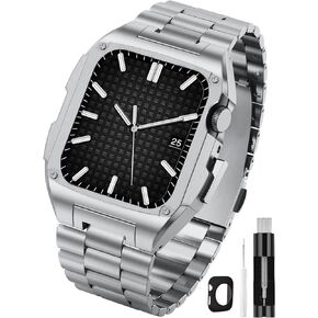 V-MORO Metal Strap with Case Compatible for Apple Watch Bands Series 6/5/4/SE 44mm,Heavy Duty Stainless Steel Strap with Protective Case Cover for iWatch Band Replacement (44mm, Black)