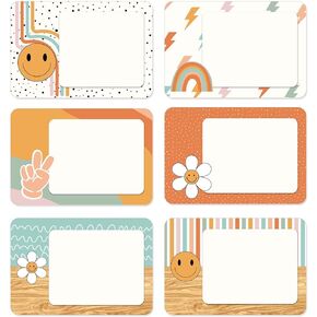 180Pcs Boho Groovy Retro Name Tag Stickers Rainbow Smile Flower Blank Sticky Nameplates 6 Design Self-Adhesive Name Label Decals for Students Desk Classroom School Office