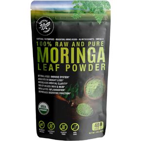 100% Raw and Pure Moringa Leaf Powder. Organic Certified Moringa Leaf. Natural Superfood with Essential Amino Acids, Antioxidants, and Omega 3, 8 oz Resealable Bag.