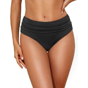 Tempt Me Women Mid Rise Bikini Bottoms Full Coverage Swimsuit Ruched Scrunch Swim Bottom