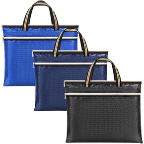 BIGEBO 3PCS Document Bags Nylon Fabric Canvas Waterproof Official Document Meeting Handbag Double Side Zipper Bag for A4 File Store Business Package Chromatic Color Black Dark Blue Bright Blue