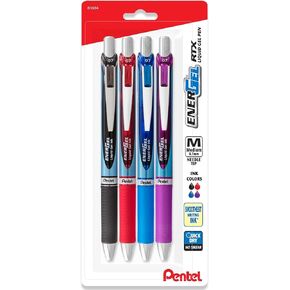Pentel Energel Gel Pen - RTX Deluxe Retractable Energel Liquid Gel Ink Pens 0.7 mm - Needle Tip - Assorted Ink Colors - Pack of 4 includes Black, Blue, Violet, and Red pen