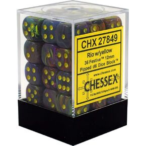 Chessex Dice d6 Sets: Festive Rio Marble Swirl with Yellow Pips - 12mm Six Sided Die (36) Block of Dice