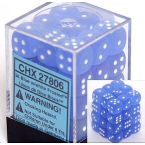 Chessex Dice d6 Sets: Frosted Blue with White - 12mm Six Sided Die (36) Block of Dice
