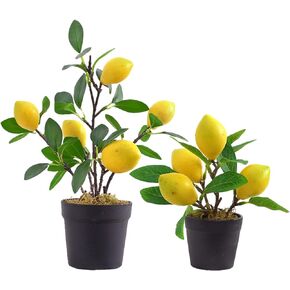 2 Pack Artificial Mini Lemon Tree Potted Plants, Nearly Natural Fake Plant Lemon Decor for Kitchen, Indoor, Living Room, Bedroom