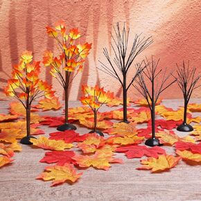 Hotop 6 Pcs Thanksgiving Village Trees Mini Fall Trees with 200 Pcs Fallen Leaves Fall Table Decor Christmas Village Artificial Maple Tree Plastic Tree Model Tree for Home Kitchen Party Tabletop Decor