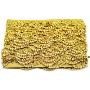 Pankh Border Original Handmade Moti Pearl Bead Embellished Lace for Dresses, Sarees, Suits, Blouses, Dupattas, Bags, Bed Covers, Art & Craft in Golden Colors Pack of 9 Mtrs/ 9.5 Yard