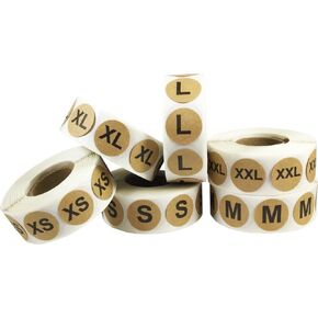 Brown Kraft Circle Clothing Size Stickers Pack, 3/4 Inch Round, Includes 1 Roll of XS, S, M, L, XL, and XXL, 500 Total Labels per Size