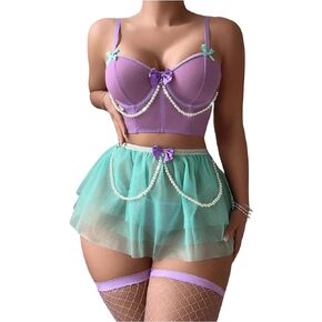 Women's 5 Piece Lingerie Set Bow Knot Pearl Ruffle Corset Babydoll Lingerie Skirt with Stockings