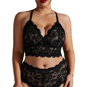 WDIRARA Women's Plus Size Floral Lace Scallop Trim Mesh Lingerie Set Bralettes and Panty Set
