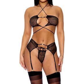 Forplay womens Pull My Strings Mesh Halterneck Bra and Garter Belt Lingerie SetLingerie Set