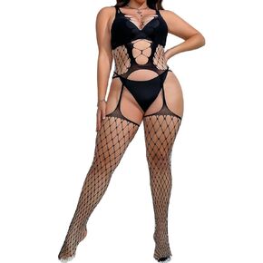 Women's Sexy Mesh BodyStocking Fishnet Lingerie Tights Bodycon Plus Size Bodysuits for Women