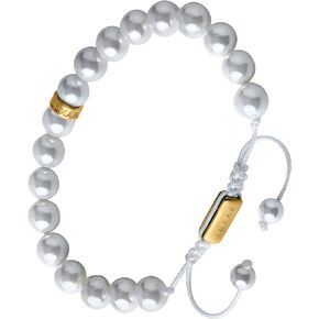 Mens Minimalist Pearl Bracelet | 8mm and 10mm Shell Pearls with Brushed Stainless Steel or 18K Gold-Plated Adjustable Clasp and Engraved Bead |Minimalist Jewelry for Men