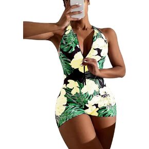 Floerns Women's Bathing Suit Zip Up Cut Out Athletic Shorts One Piece Swimsuit