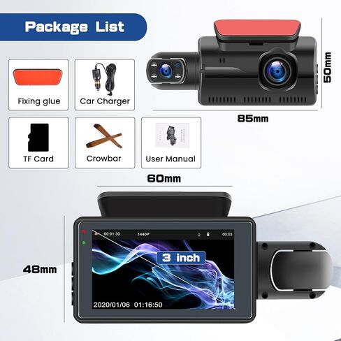 كاميرا أمامية وداخلية من Hikity Dash Cam مع بطاقة SD 32 جيجا، وشاشة IPS 3 بوصة، وكاميرات مزدوجة للوحة القيادة للسيارات، والرؤية الليلية، ومستشعر G، ومراقبة وقوف السيارات، وكشف الحركة in Saudi Arabia