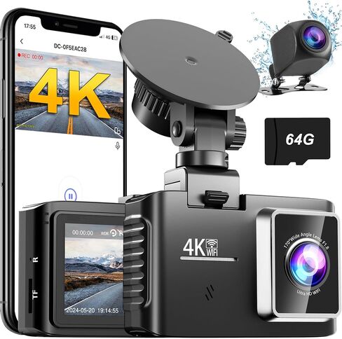 كاميرا داش كام أمامية وخلفية، كاميرا داش بدقة 4K/2.5K 30 إطارًا في الثانية للسيارات مع شبكة WiFi 5 جيجا هرتز، وبطاقة SD سعة 64 جيجابايت، وشاشة IPS مقاس 2 بوصة، ورؤية ليلية، وزاوية عريضة 170 درجة، وتسجيل حلقي، ومستشعر G، ومراقبة وقوف السيارات in Saudi Arabia