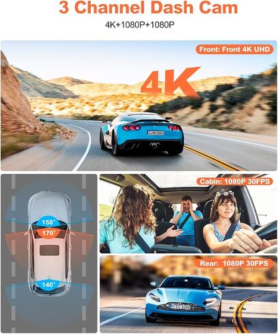 3 Channel Dash Cam, Real 4K+HDR 1080P+1080P Front Insaid and Rear with 5G WiFi DPS, Parking Mode, Night Vision, Dash Camera for Cars with App, G-Sensor, Accident Record, Support 512GB Max in Kuwait