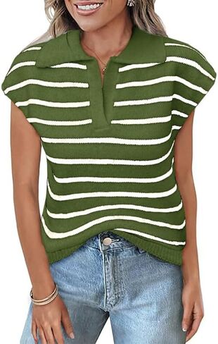 SHEWIN Women's Tops Cap Short Sleeve Shirts Casual Collared Knit Striped Pullover Sweaters in Saudi Arabia