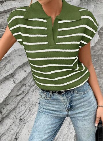 SHEWIN Women's Tops Cap Short Sleeve Shirts Casual Collared Knit Striped Pullover Sweaters in Saudi Arabia