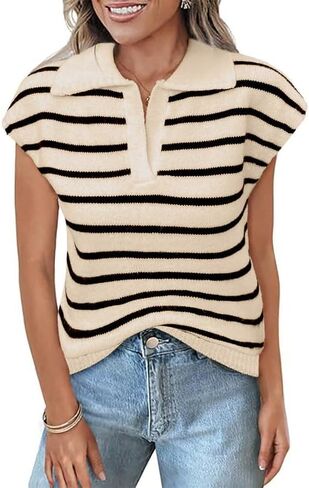 SHEWIN Women's Tops Cap Short Sleeve Shirts Casual Collared Knit Striped Pullover Sweaters in Saudi Arabia