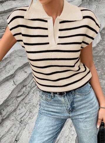 SHEWIN Women's Tops Cap Short Sleeve Shirts Casual Collared Knit Striped Pullover Sweaters in Saudi Arabia
