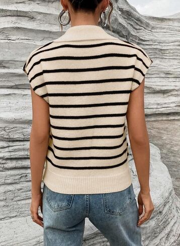 SHEWIN Women's Tops Cap Short Sleeve Shirts Casual Collared Knit Striped Pullover Sweaters in Saudi Arabia